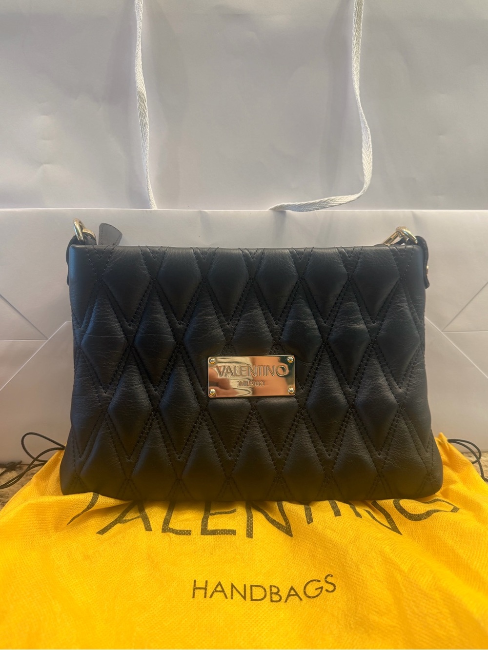 Valentino Black Quilted Leather Shoulder Bag with Gold Plaque